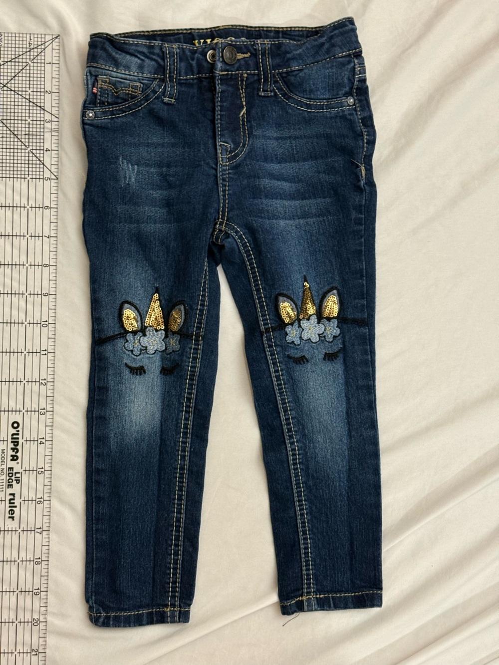 Vigoss Girls Dark Blue Skinny Jeans with Gold Sequin Unicorn Detail
